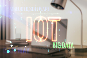 Poster - Creative IOT illustration on modern computer background, future technology concept. Multiexposure