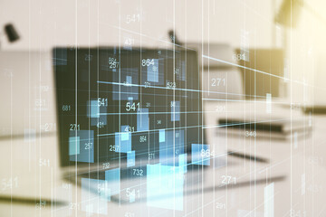 Poster - Abstract creative analytics data spreadsheet on modern computer background, analytics and analysis concept. Multiexposure