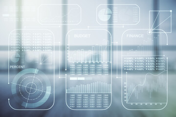 Aufkleber - Abstract virtual analytics data spreadsheet on modern interior background, analytics and analysis concept. Multiexposure