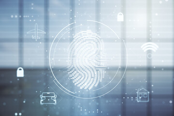 Fototapete - Multi exposure of virtual creative fingerprint hologram on empty corporate office background, personal biometric data concept