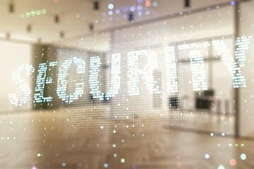 Poster - Virtual cyber security creative concept on a modern furnished office background. Double exposure
