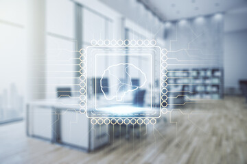 Aufkleber - Virtual creative artificial Intelligence hologram with human brain sketch on a modern furnished office background. Multiexposure
