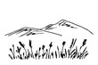 Simple hand-drawn vector drawing in black outline. Mountains on the horizon, wildflowers and grass in the foreground. Landscape and nature, foothills.