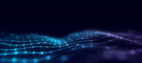 Poster - Technology green wave with lines. Big data visualization. Analytics representation. Digital background. 3d rendering.