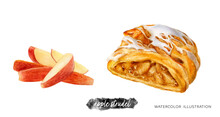 Apple strudel and cut apples watercolor illustration isolated on white background.