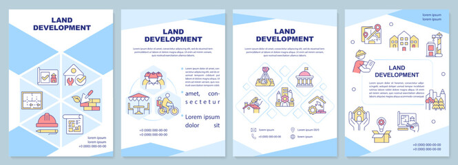 Land development blue brochure template. Improvement. Leaflet design with linear icons. Editable 4 vector layouts for presentation, annual reports. Arial-Black, Myriad Pro-Regular fonts used