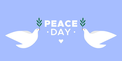 Wall Mural - Peace Day. 21 September. Two white doves with olive branches around the text. Horizontal blue banner. Vector illustration, flat design