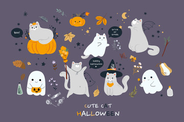 Cute cats in spooky Halloween costumes set. Funny and creepy feline animals in hats for autumn holiday of dead. Scary kitties monsters. Colored flat vector illustration isolated on white background