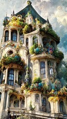 Wall Mural - View of facade old house, fairy architecture, digital art, printable wall art, digital painting