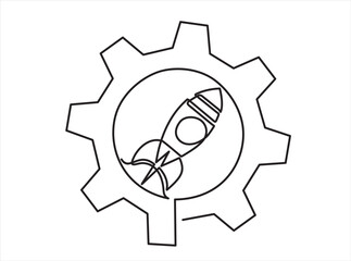 Poster - continuous line drawing of Rocket inside gear. Continuous line drawing. Startup business. Vector illustration. Isolated on white background. 