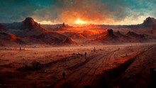 Post Apocalyptic Desert Painting. Dramatic Sunset Atmosphere With Sand Mountains. Concept Art Illustration