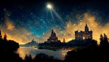 Nighttime, Blue And Black Sky, Many Realistic Stars, Tall Fantasy Castle, Stylized Hogwarts, Turrets, Spires, Towers