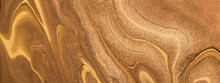 Abstract Fluid Art Background Golden And Bronze Colors. Liquid Marble. Acrylic Painting With Brown Lines And Gradient.
