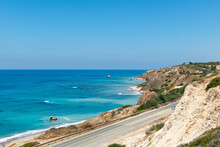 Cyprus Coast Landscape. The Road Along The Sea By The Rock Of Aphrodite. Azure Water.