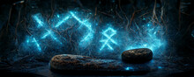 Magical Viking Inspired Rune Stone. Wood With Shining Blue Crystal Gemstone And Light. CGI Render.