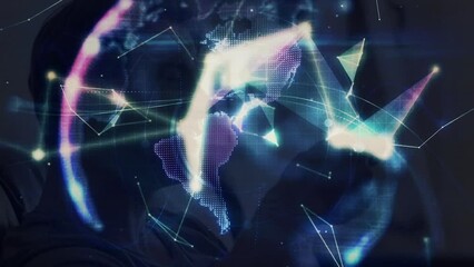 Poster - Animation of plexus networks forming a globe against caucasian man talking on smartphone