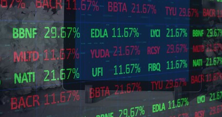 Poster - Animation of stock market data processing against close up of a digital tablet