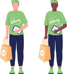 Poster - Delivery man with eco package semi flat color raster character set. Posing figure. Full body people on white. Order isolated modern cartoon style illustration for graphic design and animation bundle