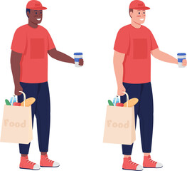 Wall Mural - Delivery worker with food semi flat color raster character set. Standing figure. Full body people on white. Service isolated modern cartoon illustration for graphic design and animation collection