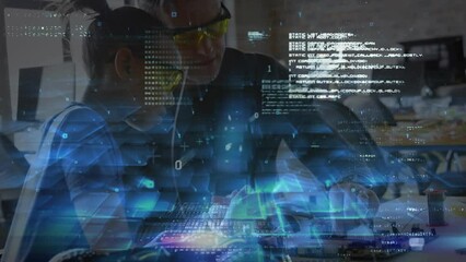 Poster - Animation of data processing over diverse male and female engineers working together at factory
