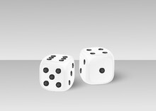 Two White Cubic Realistic Dices With Black Numbers Of Dots Lying On Gray Surface