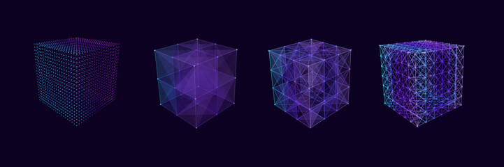Poster - set of color wireframe cubes. 3d geometric forms. realistic isolated model. vector isometric shapes.