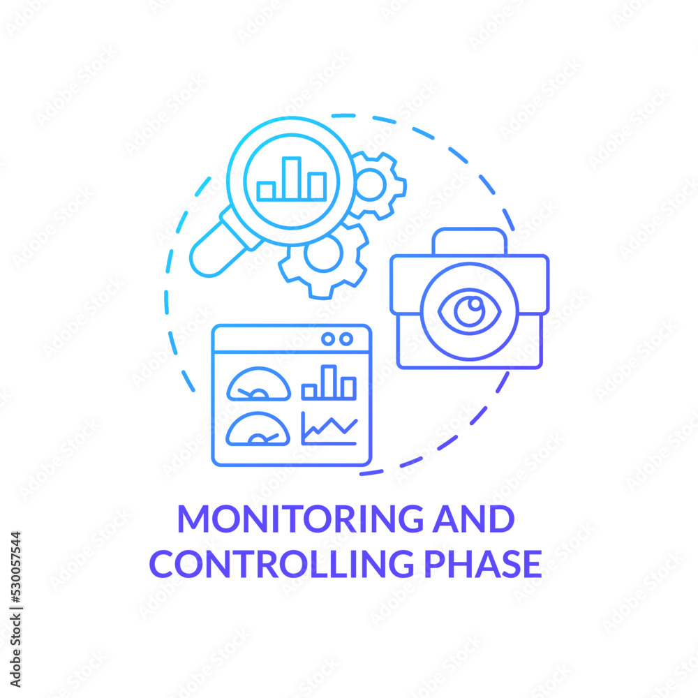 Monitoring and controlling phase blue gradient concept icon. Reviewing ...