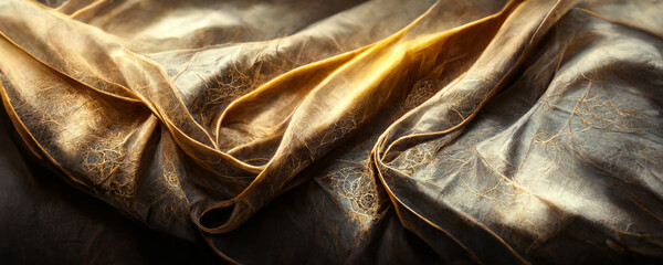 Shining luxurious gold silk textile. Beautiful cgi render background.