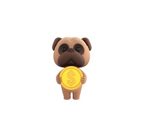 Wall Mural - Little Pug character holding golden dollar coin in 3d rendering.