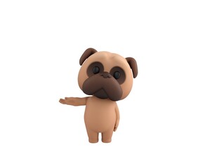 Wall Mural - Little Pug character looking to camera and pointing hand to the side in 3d rendering.