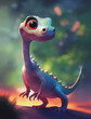 Illustration of a funny cartoon dinosaur on a vibrant blurred background. A prehistoric animal that became extinct about 65 million years ago at the end of the cretaceous period.,Generative AI