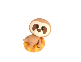 Wall Mural - Little Sloth character sitting on the inflatable ring in 3d rendering.