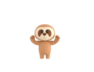 Sticker - Little Sloth character raising two fists in 3d rendering.