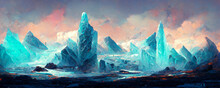 Desert Ice Landscape With Iceberg And Sunset. Digital Painting And Game Concept Art Illustration.