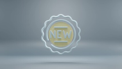Poster - Beautiful abstract New Badge with yellow light symbol icons on a blue background. 3d rendering illustration. Background pattern for design. Online Shopping. Loops video.