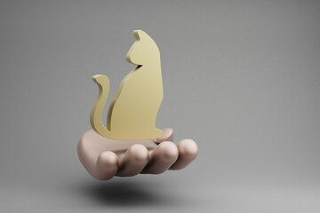 Poster - Beautiful abstract illustrations Golden Hand Holding Halloween Cat symbol icon on a gray background. 3d rendering illustration. Background pattern for design. Halloween day.