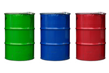 Steel Barrels Isolate. Colored Barrels For Oil, Chemistry, Industry On An Empty White Background