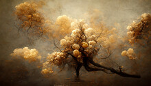 Creative Painting Of Cherry Trees On Brown Background In The Style Of Rembrandt, Digital Art