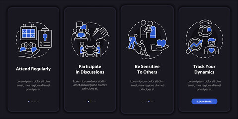 Support group effectiveness night mode onboarding mobile app screen. Walkthrough 4 steps graphic instructions pages with linear concepts. UI, UX, GUI template