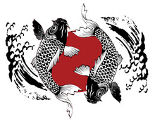 Carp Fish Illustrator Pattern On Water Wave Graphic In Japan Oriental Style. The Crap Fish Is Meaning To Good Health And Luck On Japanese Culture.