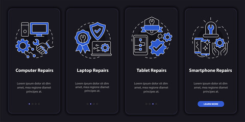 Types of services night mode onboarding mobile app screen. Walkthrough 4 steps graphic instructions pages with linear concepts. UI, UX, GUI template