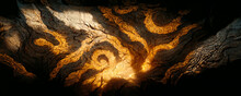 Ancient Prehistoric Cave Painting Inspired Illustration. Carved Wood And Stone Wall. Digital Painting Texture.