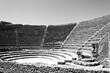 Black and white photo showing the Interior view of ancient amphitheater in Pompeii