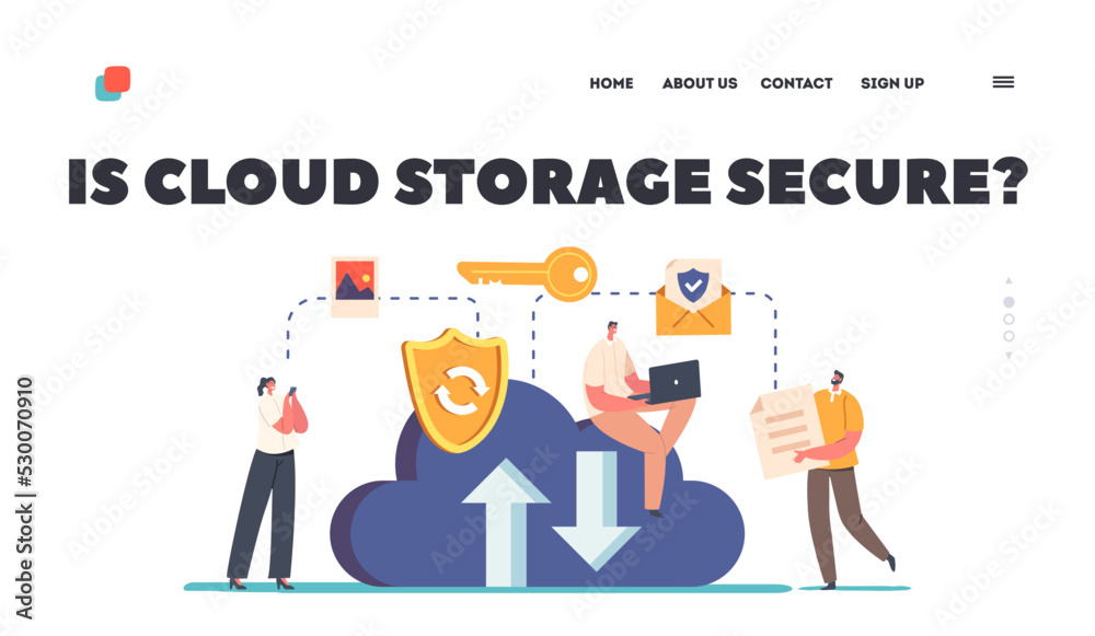 Secure Cloud Storage Landing Page Template. People Use Digital Web-based Cloud Service Or Application Transfnering Data