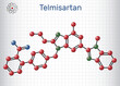Telmisartan molecule. It is medication used to treat high blood pressure, heart failure. Structural chemical formula and molecule model. Sheet of paper in a cage