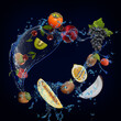 © Stanislau Vyrvich - Wallpaper, panorama with fruits in the water - grapes, melon, coconut, kiwi, pomegranate are very tasty and nutritious