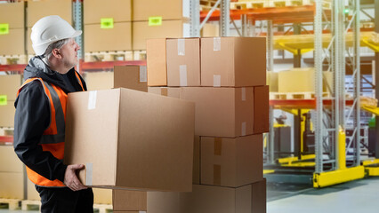 Poster - Warehouse manager. Man in logistics center. Warehouse manager carries boxes. Guy in yellow vest and white helmet. Career in modern warehouse. Storage company worker. Selective blurred.