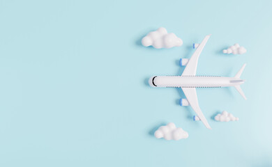 Top view aeroplane with clouds on sky blue pastel background travel tourism plane trip worldwide planning tour, banner leisure touring holiday summer concept. 3d rendering illustration