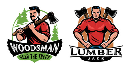 Wall Mural - Lumberjack with ax design emblem and mascot. Woodwork, wood industry labels set. Color vector illustration