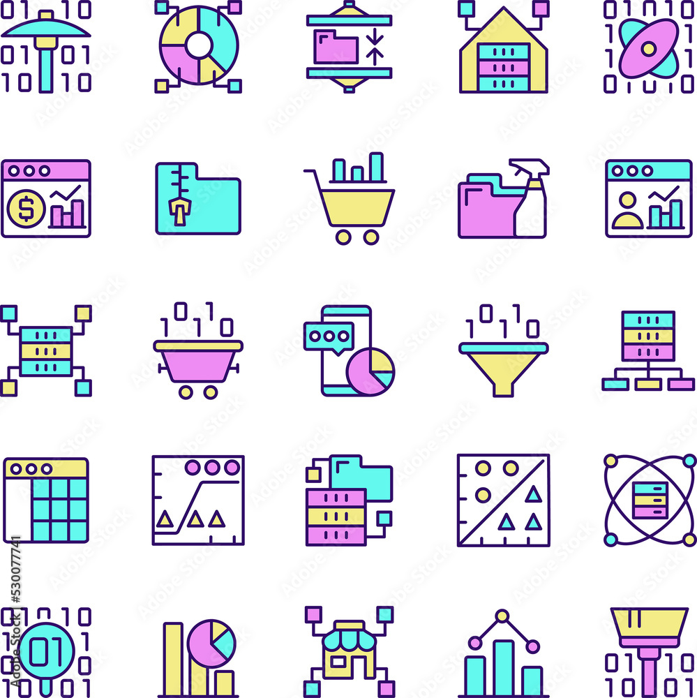 Data mining RGB color pixel perfect icons set. Knowledge discovering in ...